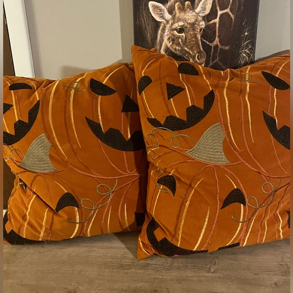 2 Homey Cozy Fall Pumpkin Jack-o-Lantern‎ Embroidered Pillow Home Decor 18x18